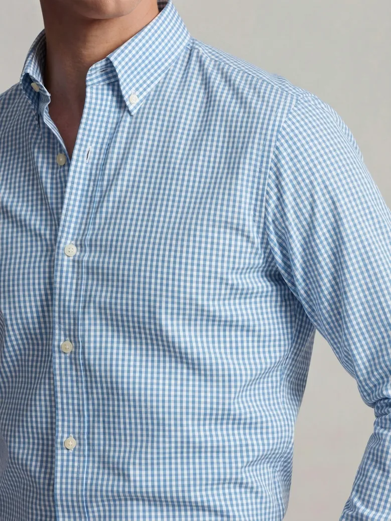 Chemise en popeline à carreaux bleu clair facile à repasser